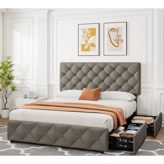 Full/Queen/King Size Bed Frame with 4 Storage Drawers and Headboard, Linen Upholstered Platform Bed Frame, Diamond Stitched Button Tufted, No Box Spring Needed, Easy Assembly