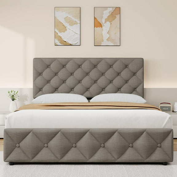 Full/Queen/King Size Bed Frame with 4 Storage Drawers and Headboard, Linen Upholstered Platform Bed Frame, Diamond Stitched Button Tufted, No Box Spring Needed, Easy Assembly