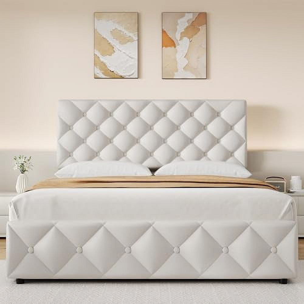 Full/Queen/King Size Bed Frame with 4 Storage Drawers and Headboard, Linen Upholstered Platform Bed Frame, Diamond Stitched Button Tufted, No Box Spring Needed, Easy Assembly