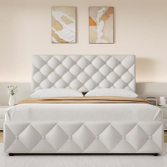 Full/Queen/King Size Bed Frame with 4 Storage Drawers and Headboard, Linen Upholstered Platform Bed Frame, Diamond Stitched Button Tufted, No Box Spring Needed, Easy Assembly