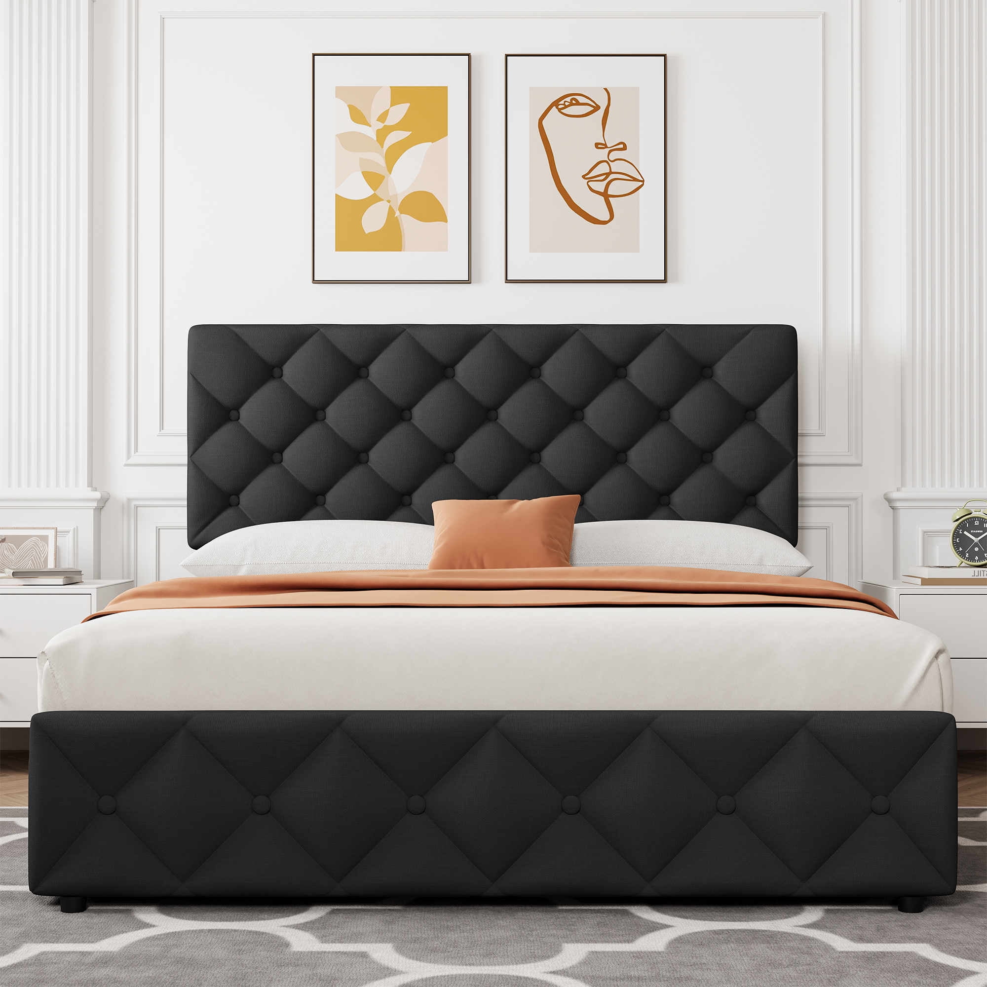 Full/Queen/King Size Bed Frame with 4 Storage Drawers and Headboard, Linen Upholstered Platform Bed Frame, Diamond Stitched Button Tufted, No Box Spring Needed, Easy Assembly