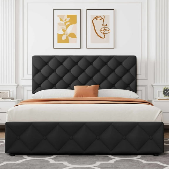 Full/Queen/King Size Bed Frame with 4 Storage Drawers and Headboard, Linen Upholstered Platform Bed Frame, Diamond Stitched Button Tufted, No Box Spring Needed, Easy Assembly