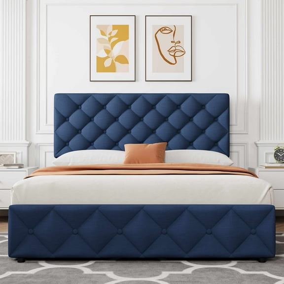 Full/Queen/King Size Bed Frame with 4 Storage Drawers and Headboard, Linen Upholstered Platform Bed Frame, Diamond Stitched Button Tufted, No Box Spring Needed, Easy Assembly