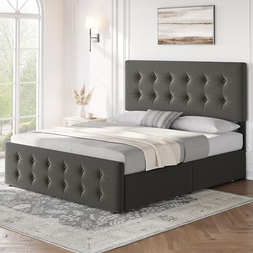 Full/Queen/King Size Bed Frame with 4 Storage Drawers and Headboard ...