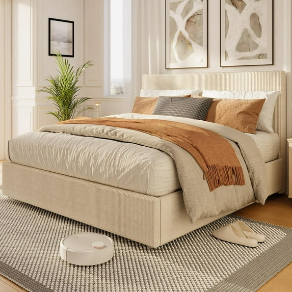 Full/Queen/King Size Bed Frame with 4 Storage Drawers, Platform Bed Frame with Upholstered Channel Tufted Wingback Headboard, Strong Wooden Slats Support, No Box Spring Needed