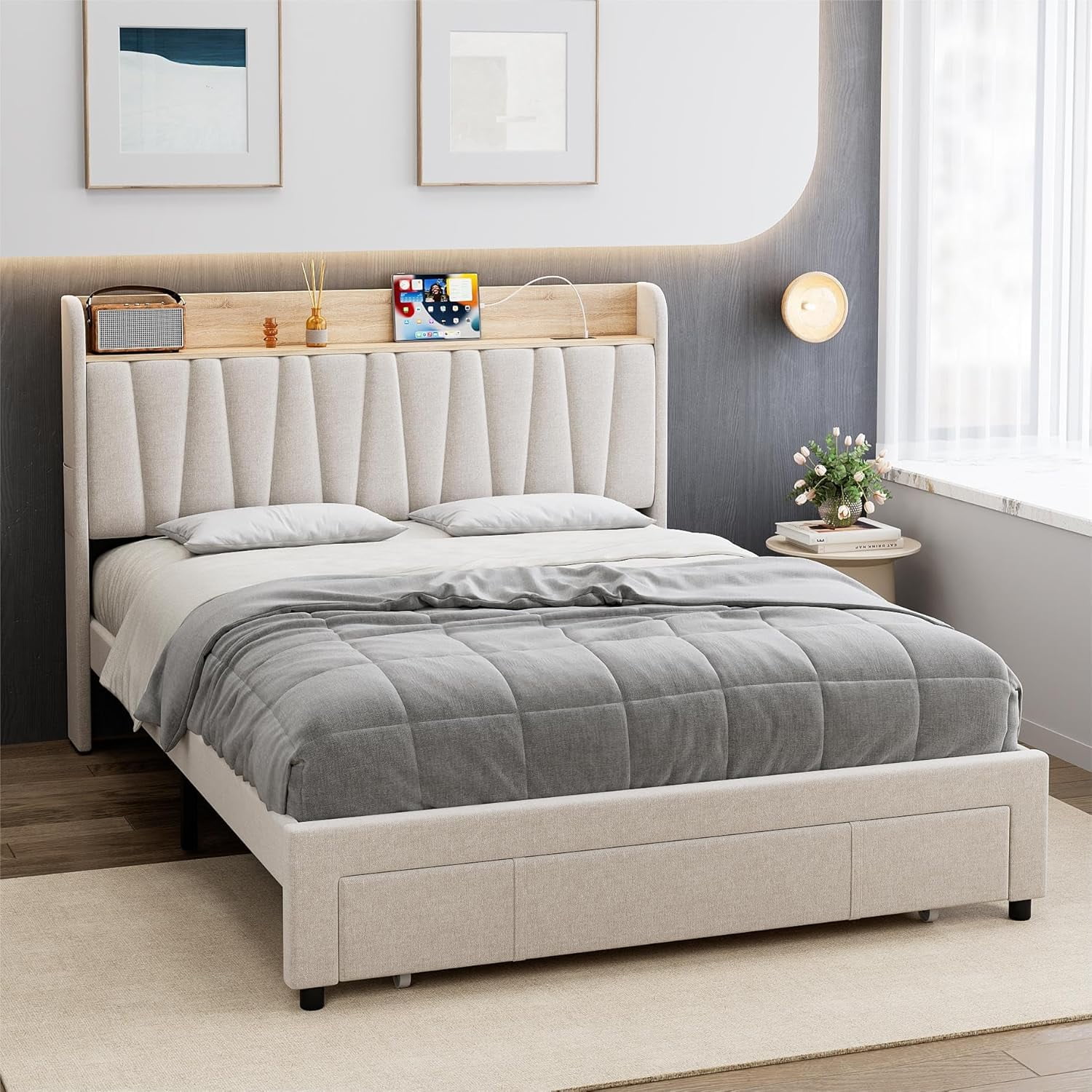 Full/Queen/King Size Bed Frame with Drawer, Upholstered Platform Bed Frame with Storage Headboard and Charging Station, Mattress Foundation with Solid Wooden Slats Support, No Box Spring Needed