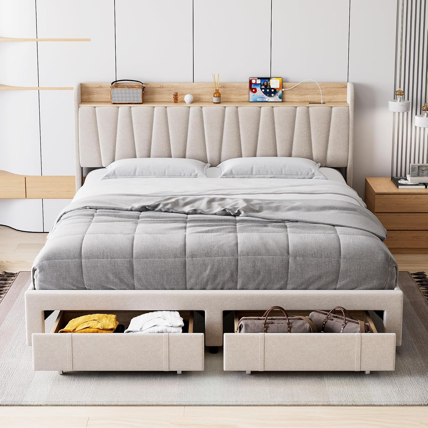Full/Queen/King Size Bed Frame with Drawer, Upholstered Platform Bed Frame with Storage Headboard and Charging Station, Mattress Foundation with Solid Wooden Slats Support, No Box Spring Needed
