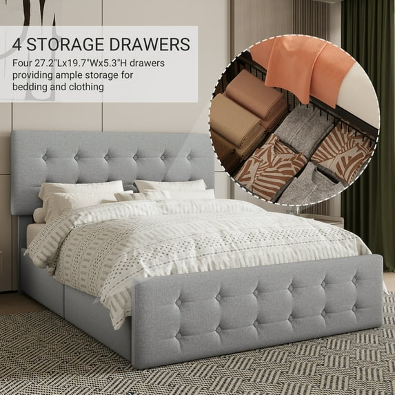 Full/Queen/King Size Bed Frame with Headboard and 4 Storage Drawers, Platform Bed Frame Square Stitched Button Tufted, No Box Spring Needed, Noise Free, Easy Assembly