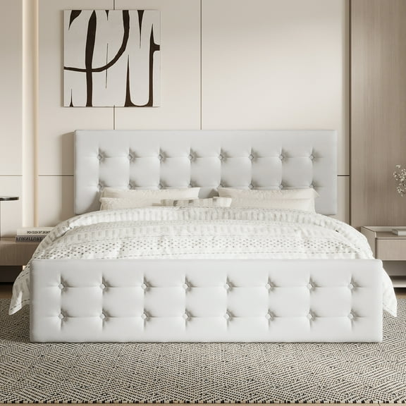 Full/Queen/King Size Bed Frame with Headboard and 4 Storage Drawers, Platform Bed Frame Square Stitched Button Tufted, No Box Spring Needed, Noise Free, Easy Assembly