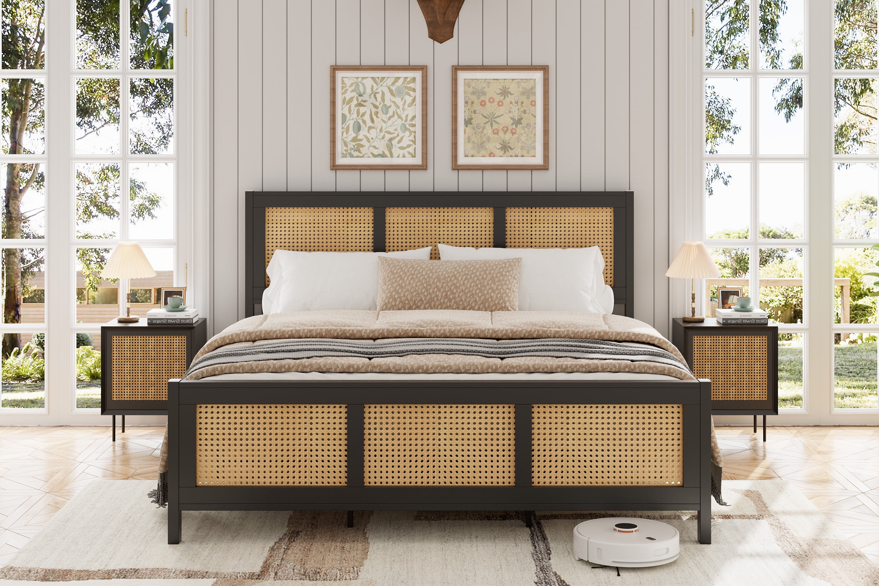 Full/Queen/King Size Bed Frame with Headboard, Bo-hemian Rattan Platform Bed Frame with Strong Metal Slats Support, No Box Spring Needed, Noise-Free Design