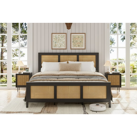 Full/Queen/King Size Bed Frame with Headboard, Bo-hemian Rattan Platform Bed Frame with Strong Metal Slats Support, No Box Spring Needed, Noise-Free Design