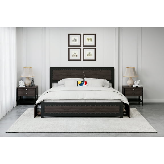 Full/Queen/King Size Bed Frame with Headboard, Modern Platform Bed Frame with 4 Storage Drawers and Charge Station, Solid Metal Slats Support, Noise Free, No Box Spring Needed, Easy Assembly