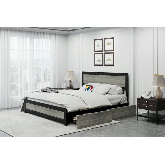 Full/Queen/King Size Bed Frame with Headboard, Modern Platform Bed Frame with 4 Storage Drawers and Charge Station, Solid Metal Slats Support, Noise Free, No Box Spring Needed, Easy Assembly