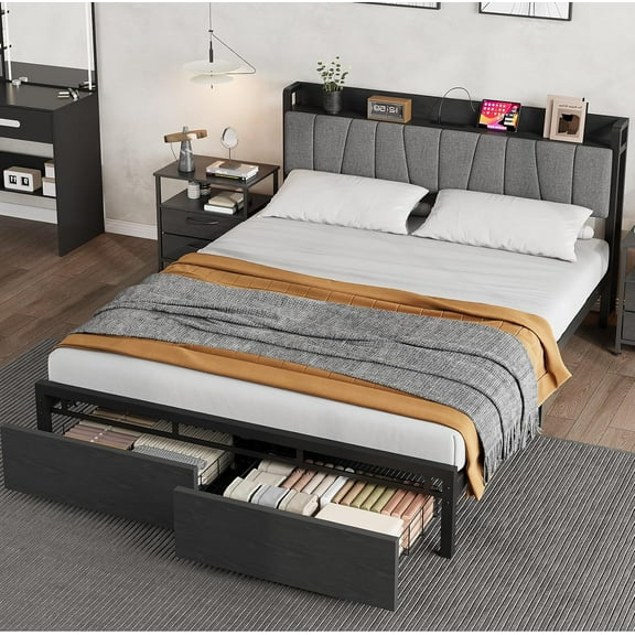 Full/Queen/King Size Bed Frame with Storage Headboard, Industrial Platform Bed with 2 Large Drawers and Charging Station, No Box Spring Needed Noise Free, Black