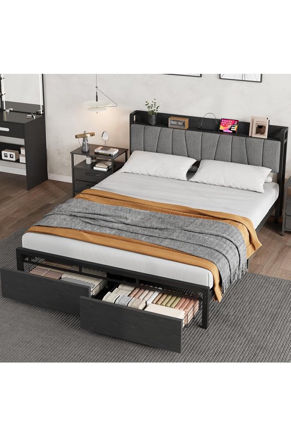 Full/Queen/King Size Bed Frame with Storage Headboard, Industrial Platform Bed with 2 Large Drawers and Charging Station, No Box Spring Needed Noise Free, Black