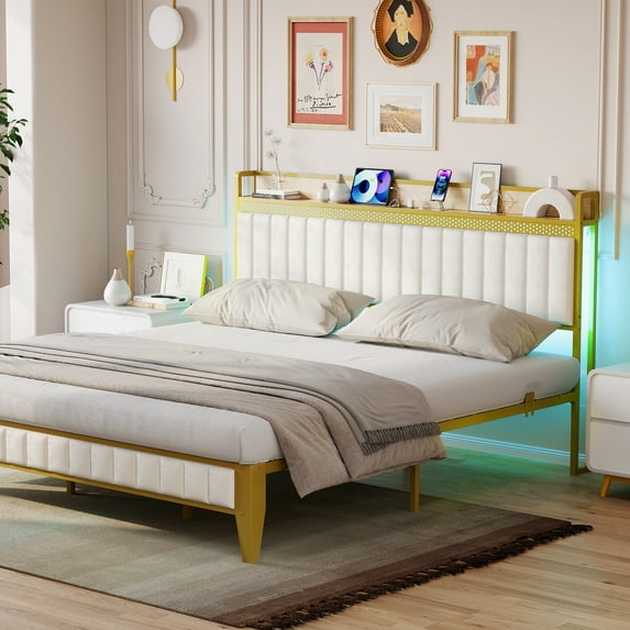 Full/Queen/King Size Bed Frame with Storage Headboard, Industrial Upholstered Platform Bed Frame with LED Headboard and USB outlets, Strong Frame Slats Support, Easy Assembly, White & Gold
