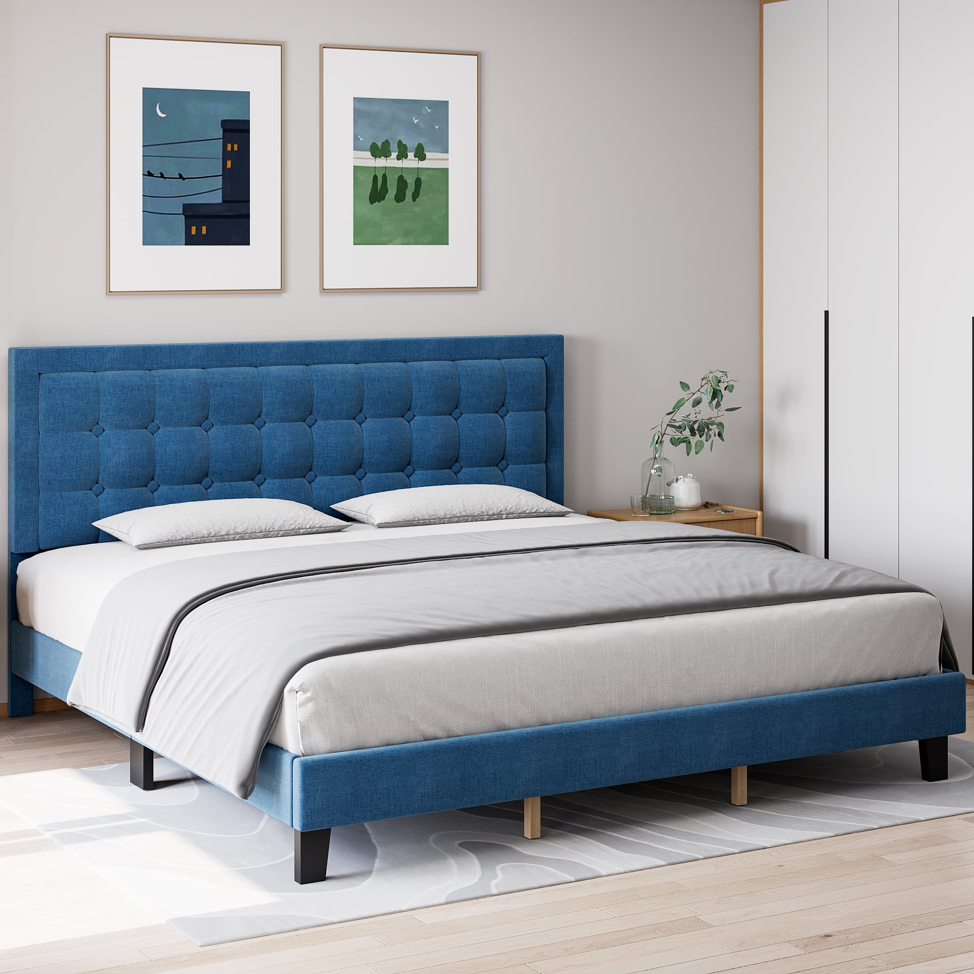 Full/Queen/King Size Bed Frame with Upholstered Button Headboard, Modern Upholstered Platform Bed with Heavy Duty Base and Wood Slat Support, No Box Spring Required, No Noise, Easy Assemble