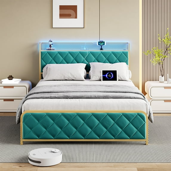 Full/Queen/King Size Bed Frame, Velvet Upholstered Platform Bed with Storage Headboard, LED Light Headboard, Charging Station, USB Ports & Outlets, Strong Frame and Slats Support, No Box Spring Needed