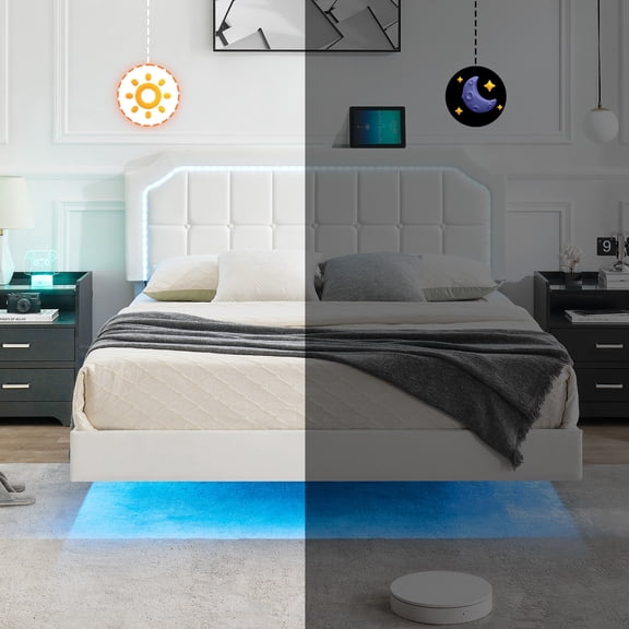 Full/Queen/King Size Floating Bed Frame with Led Lights, Heavy Duty Metal Platform Beds with Ample Underbed Storage Space, No Box Spring Needed, Easy to Assemble