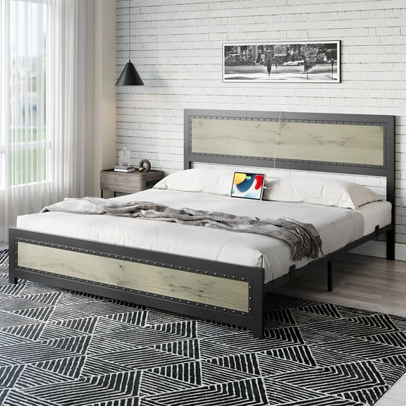 Full/Queen/King Size Metal Bed Frame With Headboard and Footboard, With Rivets Decorate, Heavy Duty Metal Platform Bed Frame with Charge Station, 10.8''Under Bed Storage, Easy Assembly