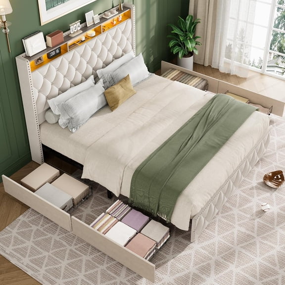 Full/Queen/King Size Platform Leather Upholstered Bed Frame - 50.8in Tall Headboard, 4 Storage Drawers, USB Charging Station & LED Lights, No Box Spring Needed