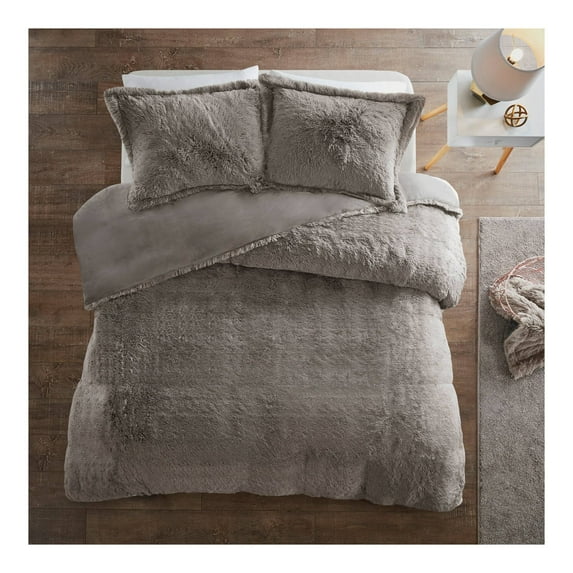 Full/Queen Leena 3pc Shaggy Faux Fur Duvet Cover Set Gray