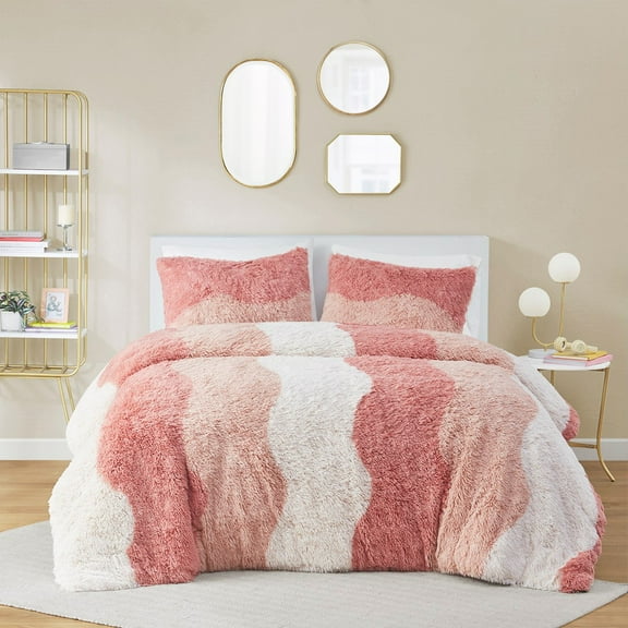Full/Queen Ombre Shaggy Faux Fur Comforter Set,Multicolor Polyester Household Supplies Décor Bedding Bedding Sets