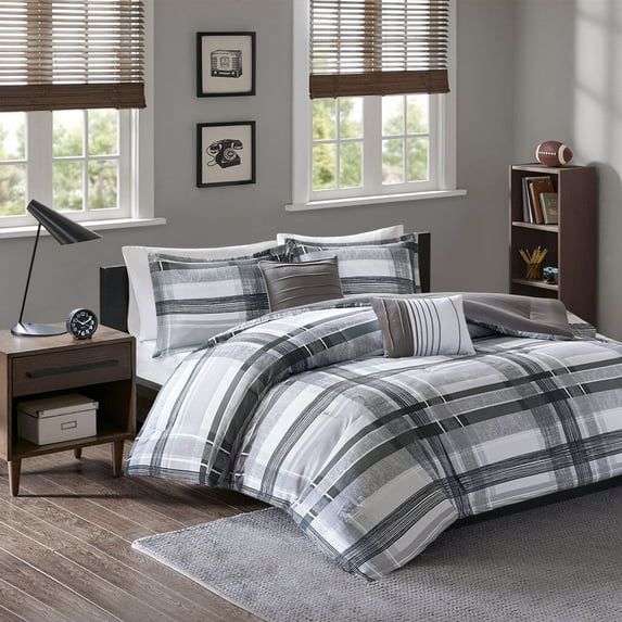 Full/Queen Plaid Comforter Set,Black Polyester Household Supplies Décor Bedding Bedding Sets