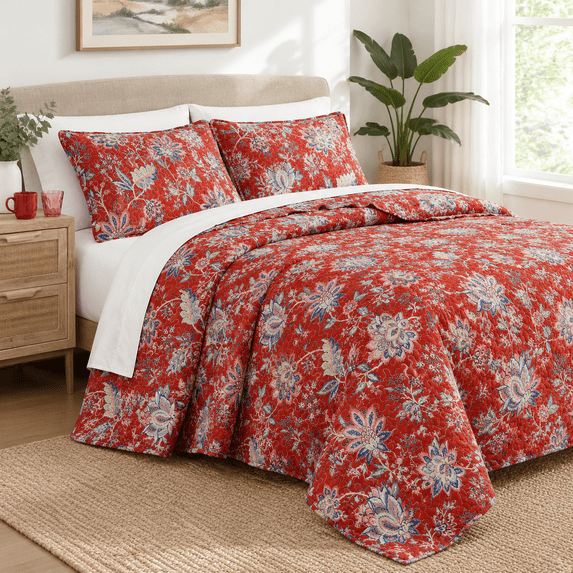 Floral Pattern C Full / Queen Quilt Bedding Set, 35 - Jacobean Willow Red Floral Design ...