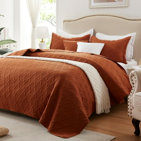 Full/Queen Quilt Set 3 Pieces, Lightweight Burnt Orange/Rust Bedspread-90''x98'', Soft Microfiber Summer Quilt, Luxurious Warm Coverlet Set for All Seasons (Includes 1 Quilt, 2 Shams)