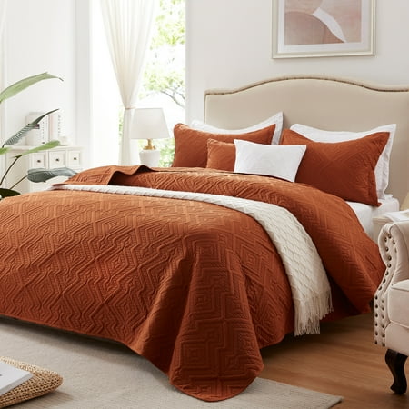 Full/Queen Quilt Set 3 Pieces, Lightweight Burnt Orange/Rust Bedspread-90''x98'', Soft Microfiber Summer Quilt, Luxurious Warm Coverlet Set for All Seasons (Includes 1 Quilt, 2 Shams)