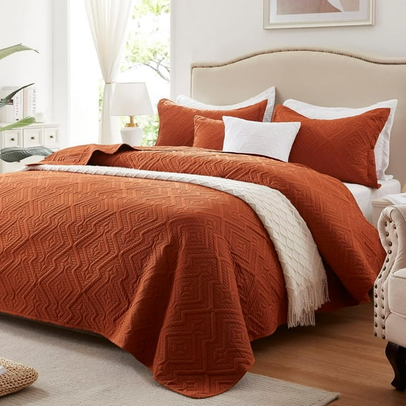 Full Queen Quilt Set 3 Pieces Lightweight Burnt Orange Rust Microfiber Quilt and 2 Shams 90 x 98 Inches