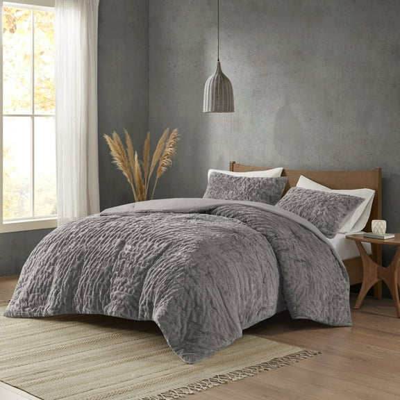 Full/Queen Ruched Fur Down Alternative Comforter Set