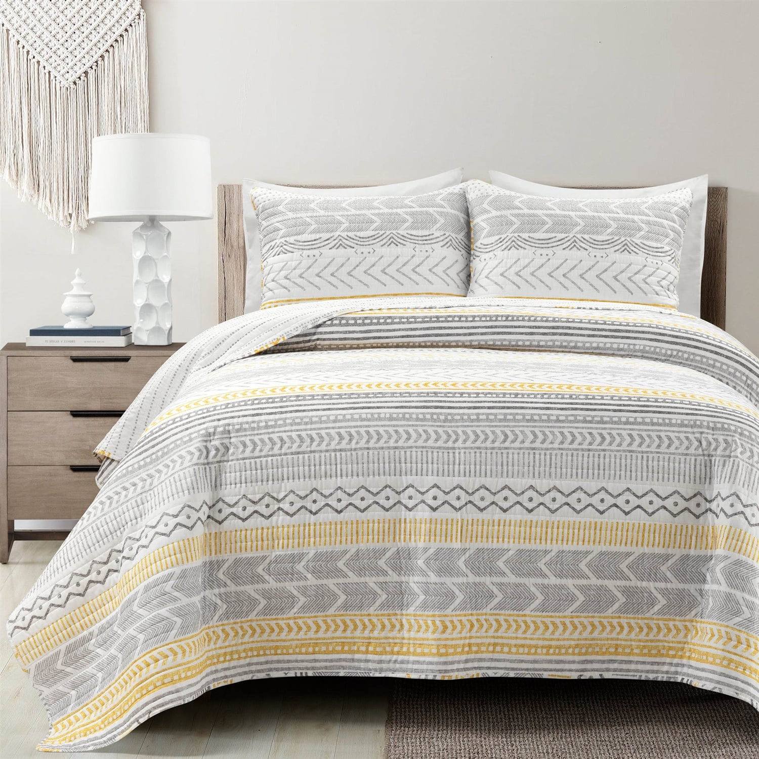 Full Gray and Yellow Cotton Reversible Quilt Set