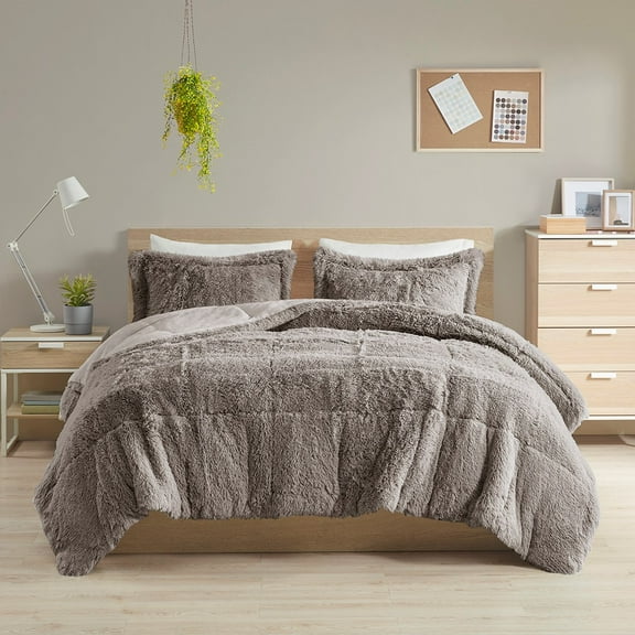 Full/Queen Shaggy Long Fur Comforter Mini Set,Grey Polyester Household Supplies Décor Bedding Bedding Sets