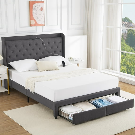 Full/Queen Size Bed Frame with 2 Storage Drawers & USB Charging Station,Upholstered Platform Bed Frame with Wingback Storage Headboard/Sturdy Wooden Slats Support,Built-in USB Type-C Charging Station