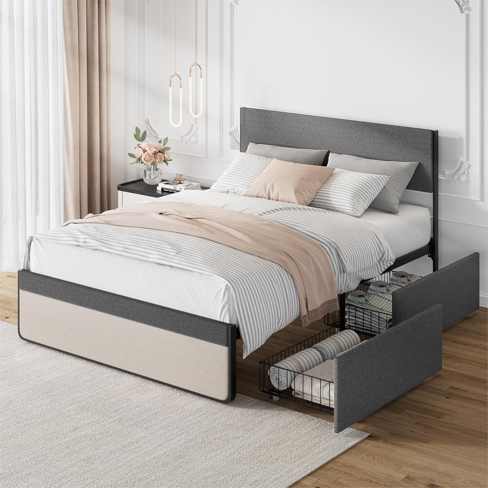 Full/Queen Size Bed Frame with 2 Storage Drawers, Upholstered Platform Bed Frame with Headboard, Mattress Foundation with Steel Slats Support, No Box Spring Needed