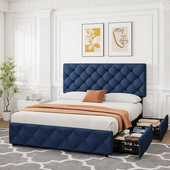 Full/Queen Size Bed Frame with 4 Storage Drawers and Headboard, Linen Upholstered Platform Bed Frame, Diamond Stitched Button Tufted, No Box Spring Needed, Dark Grey