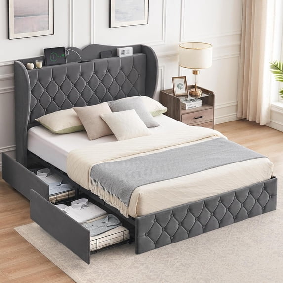 Full/Queen Size Bed Frame with 4 Storage Drawers, Upholstered Platform Bed with High Storage Headboard and Charging Station, Luxurious Velvet Tufted & Wingback, Wood Slats Support, Grey