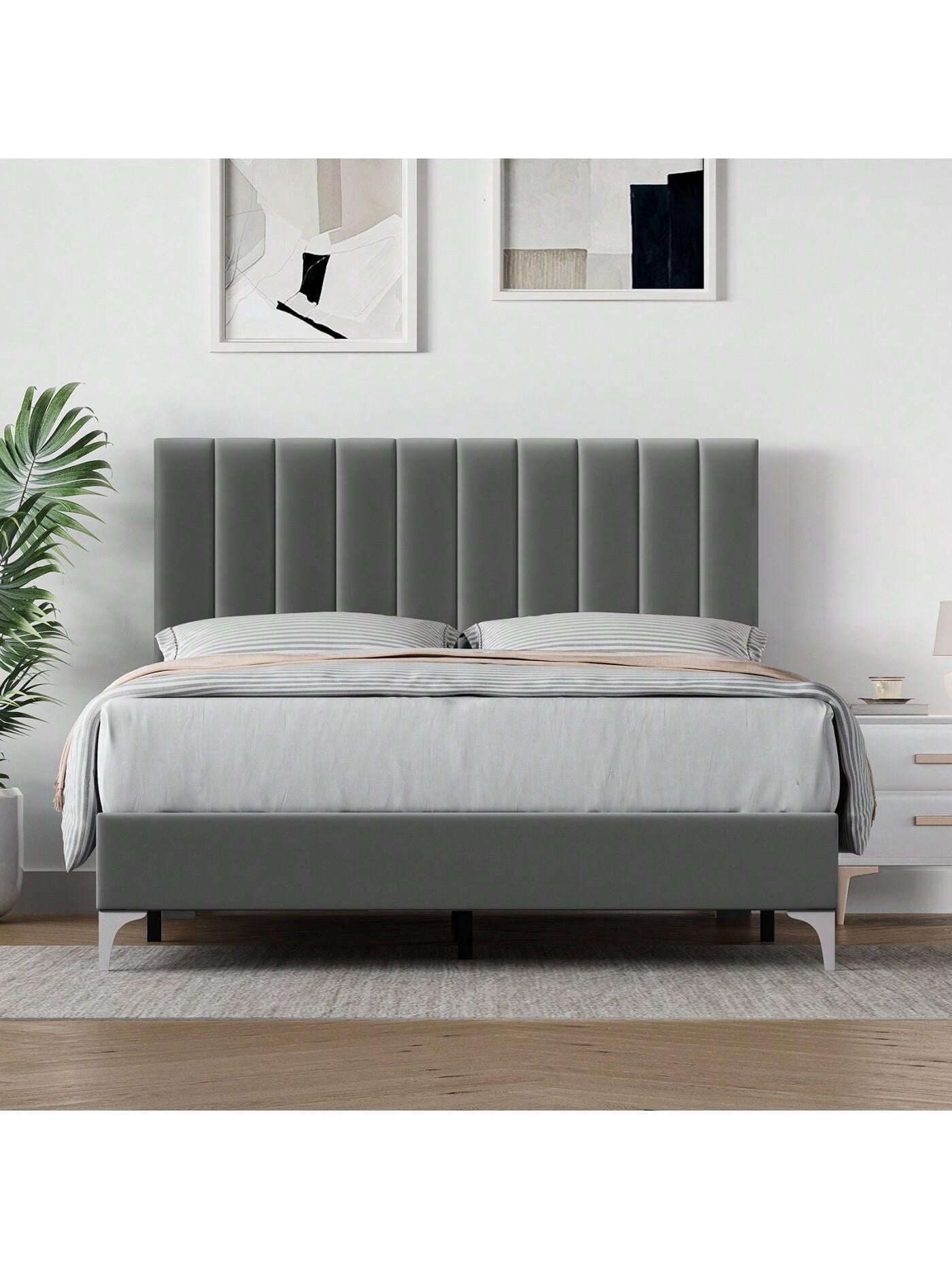 Full/Queen Size Bed Frame With Adjustable Headboard,Velvet Upholstered Platform With Wooden Slats Support No Box Spring Needed Easy Assembly Noiseless Grey