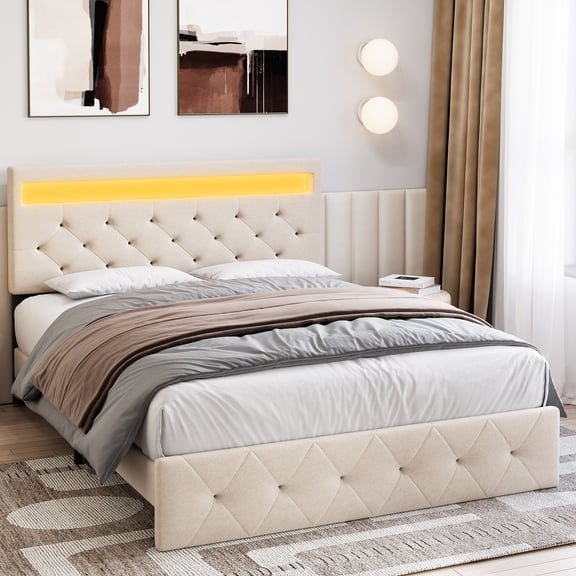 Full/Queen Size Bed Frame with LED Lights Headboard, LED Bed Frame with Fast-Charging USB Port, Upholstered Platform Bed Frame, No Box Spring Needed, Easy Assembly
