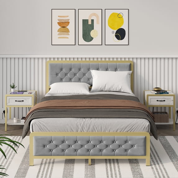 Full/Queen Size Bed Frame, Metal Platform Bed with Modern Velvet Button Tufted Headboard and Footboard, Strong Metal Slats Support, Modern Metal Platform Bed, No Box Spring Needed, Easy Assembly
