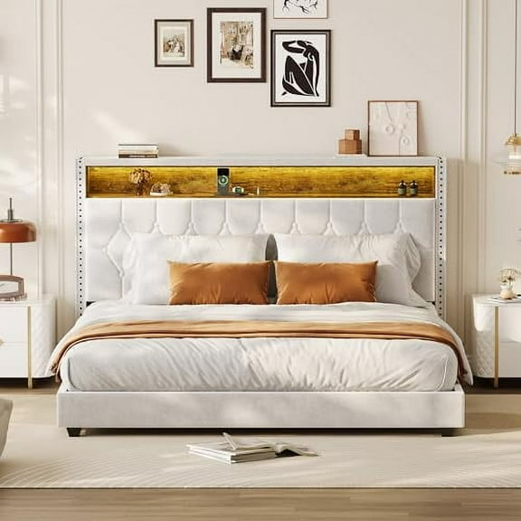 Full/Queen Size Bed Frame with Storage Headboard and Charging Station,Full Velvet Upholstered Bed Frame with LED Lights,Wood Slats Support, No Box Spring Needed,Easy Assembly