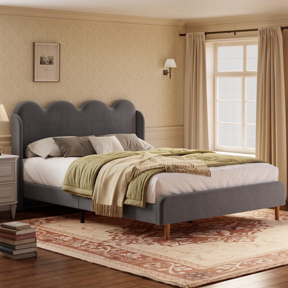 Full/Queen Size Bed Frame, Upholstered Wingback Platform with Scalloped Edges, Velvet Bedframe with Plush Velvet Fabric, Tall Headboard, Tool-Free Assembly