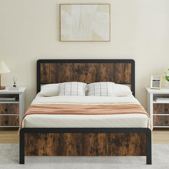 Full/Queen Size Bed Frame with Wave Wood Headboard, Platform Bed Frame with Safe Rounded Corners & Under Bed Storage, Strong Metal Slats Support, No Box Spring Needed