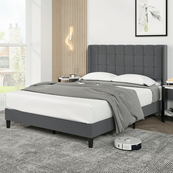 Full/Queen Size Bed Frame with Wingback Headboard, Upholstered Platform Bed with Tufted Headboard, Wooden Slats Support, Easy Assembly, Noise-Free, No Box Spring Needed