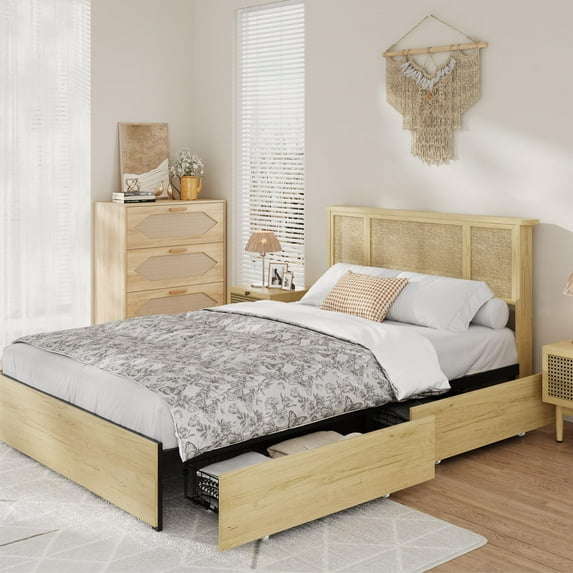 Full/Queen Size Bed,Full Bed Frame with Natural Rattan Headboard,4 Wooden Storage Drawers, Sturdy Metal Base with Wooden Slats,Cane Mattress Support, No Box Spring Needed