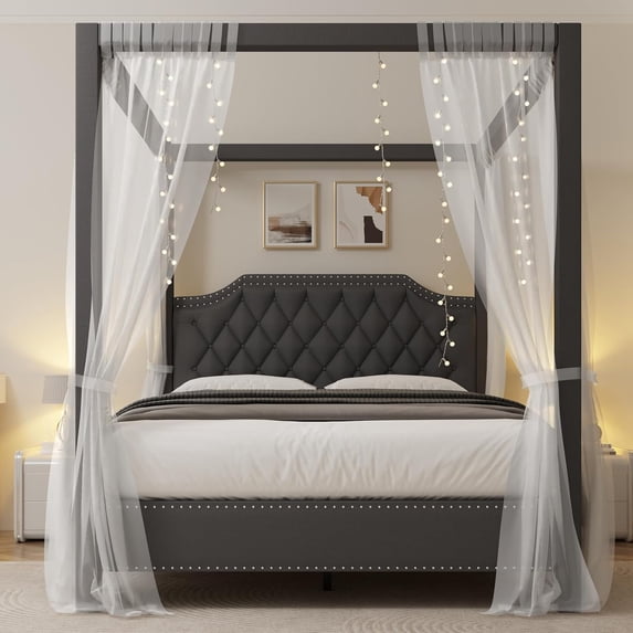 Full / Queen Size Canopy Bed Frame with Nailhead Decoration Headboard Upholstered Bed Frame with Solid Wood Slats Support,No Box Spring Needed,Noise Free