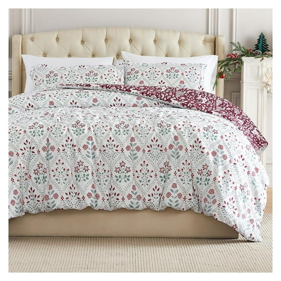 Full/Queen Size Christmas Comforter Set with 2 Pillow Shams, Reversible Red Holiday Bedspread with 2 Patterns, Queen/Full Comforter Set - Pine, Holly & Reindeer