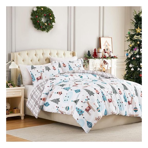 Full/Queen Size Christmas Comforter Set w/2 Pillow Shams, Reversible Holiday Bedding Set 2-Sided, Queen/Full Comforter Set, Reindeer - Winter Wonderland Print